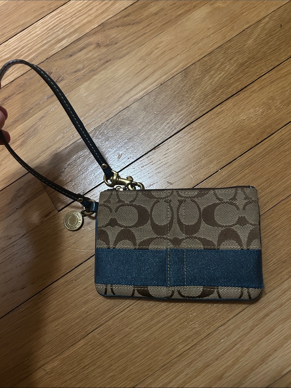 Coach Brown Signature Canvas Wristlet with Blue Trim